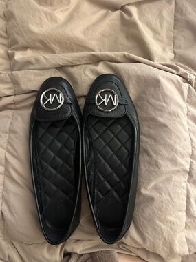 Michael Kors Black Quilted Leather Ballet Flats with Silver MK Logo